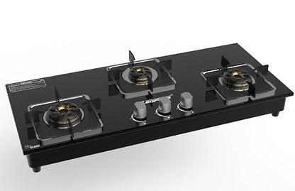 Zenpure Premium Design Emerald Heavy Mayra Brass 3 Burner Auto Ignition Gas Stove - Toughened Glass Cook Top Burner, with Two Year Warranty and One Year Warranty by Zenpure on Burners