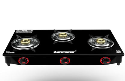 Zenpure Atom Toughened Glass-Top 3 Brass Burner LPG Gas Stove | Black | Spill Proof | Ergonomic Knobs | Tri-Pin Brass Burners