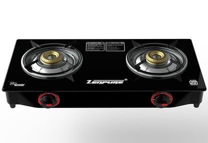 Zenpure Atom 2 Burner LPG Gas Stove, Toughened Glass Top, Brass Tri-Pin Burners, Spill Proof, Ergonomic Knobs, Black Color