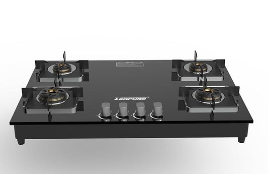 Zenpure Premium 4 Burner Active Forge Black Toughened Glass | LPG Cooktop I Auto Ignition Gas Stove | with 2 Year Warranty | Pan India Service| LP Gas Stove | ISI Approved (Black) (4 Burner)