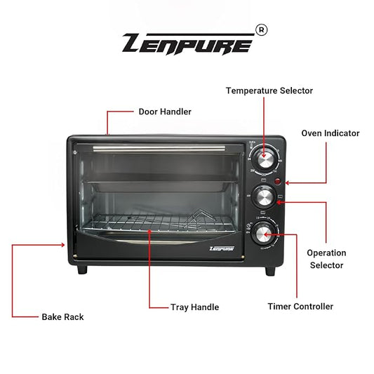 Zenpure 25 Litre OTG Oven for Baking, Grilling, Toasting, 1400W, Transparent Glass Door, Pizza Tray, Auto-Off Buzzer Timer, 1 Year Warranty