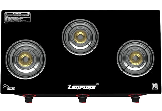 Zenpure Atom Toughened Glass-Top 3 Brass Burner LPG Gas Stove | Black | Spill Proof | Ergonomic Knobs | Tri-Pin Brass Burners